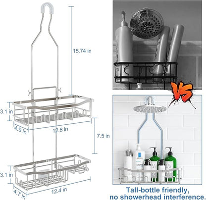 Shower Caddy Hanging for Bathroom: Adjustable Height No Blocking to Shower Head - Rustproof Shower Caddy Over Showerhead - Shower Organizer with Hooks Soap Holder, Silver