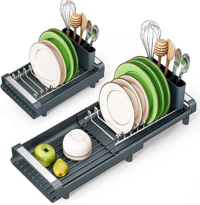 TOOLF Small Dish Drying Rack, Mini Expandable Compact Dish Rack, Slim Extendable Stainless Steel Dish Drainer for Kitchen Countertop, Space Saving Dish Strainer, Dark Slate Gray