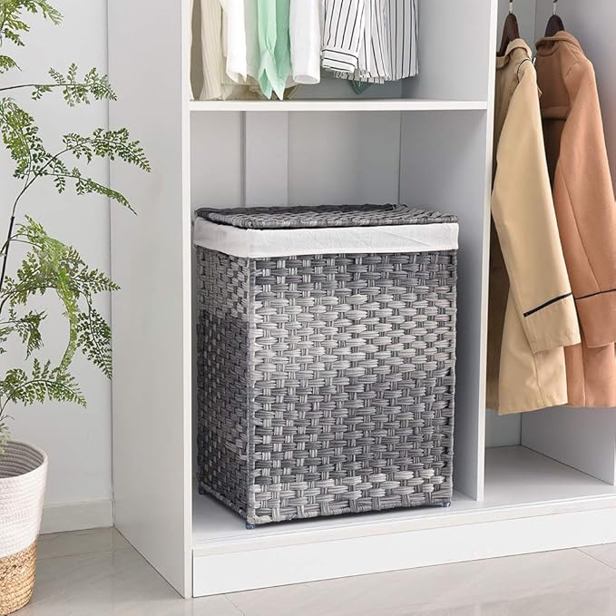 Mxfurhawa Slim Laundry Basket on Wheels, Heavy Duty Cotton Liner Laundry Storage Hamper with Handles, Collapsible Clothes Wire Basket Organizer Laundry Bag (02A)