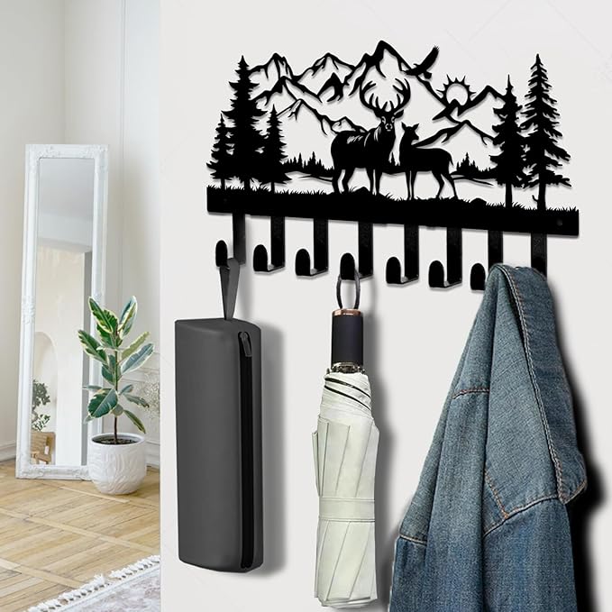 Deer Metal Key Holder for Wall, 14.5" X 8.9", Key Hooks for Wall Organizer, Key Rack, Forest Theme Coat Hat Towel Hooks, Ideal for Living Room, Hallway, Office