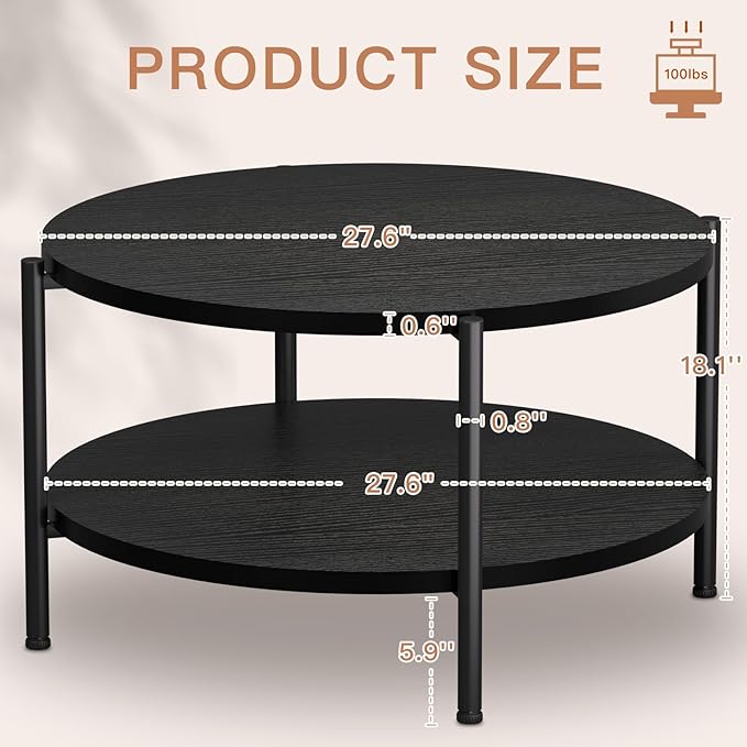 27.5x27.5x17.7in Round Coffee Table with 2 Tiers - Black Modern Coffee Table for Living Room, Small Space Friendly (Sturdy Metal Frame, Easy Assembly)