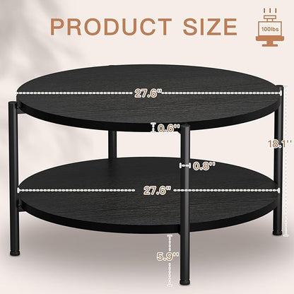 27.5x27.5x17.7in Round Coffee Table with 2 Tiers - Black Modern Coffee Table for Living Room, Small Space Friendly (Sturdy Metal Frame, Easy Assembly)