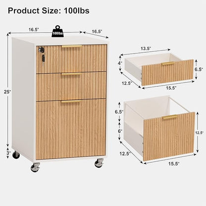 3 Drawers Fluted Mobile File Cabinet with Lock, Rolling File Cabinet Printer Stand Table, Under Desk Wooden Filing Cabinets for Home Office Essentials Storage Organization Furniture Letters/A4(Oak)