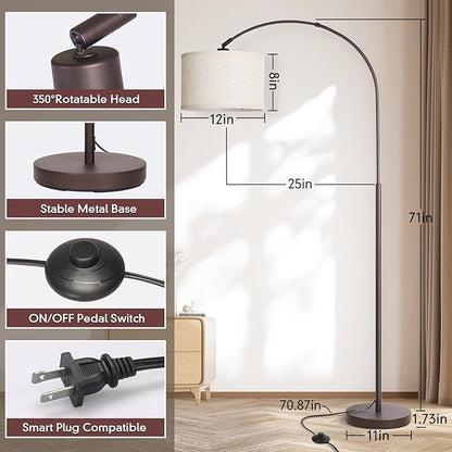 Seaside village Floor Lamp for Living Room, Arc Lamp with Adjustable Head, Modern Tall Lamp with On/Off Pedal Switch, Over Couch Standing Hanging Light for Reading, Bedroom, Office (Brown)