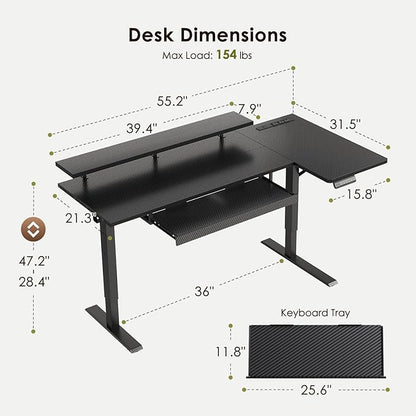 OffiGo 55 Inch L Shaped Electric Standing Desk with Keyboard Tray, Reversible Height Adjustable Corner Computer Desk with Monitor Stand, Sit Stand Up Lift Table for Home, Office, Carbon Fiber Black