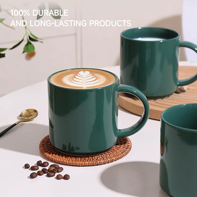 Coffee Mugs Set of 4, Stoneware Coffee Cups with Comfortable Handle, 16oz Ceramic Mugs for Kitchen & Office, Dishwasher & Microwave Safe - Green