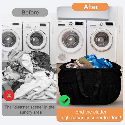 2 Pack Collapsible Laundry Baskets with Lid, Foldable Laundry Basket with Handy Pockets, Pop Up Laundry Hamper with Dual Handles, 99L Sturdy Hampers for Clothes, Groceries, Supplies, Tools, Black