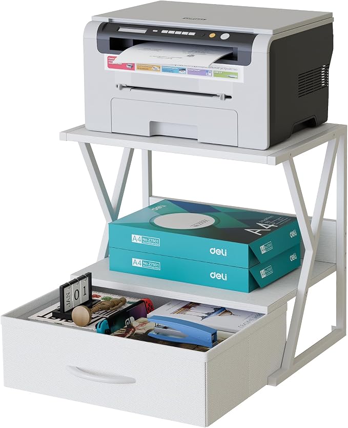 aboxoo Printer Stand for Desk with Storage Drawer, 2 Tier Desktop Or UnderDesk Shelf, Multi-Purpose Desk Organizer for Home Office, fit Fax Machine/3D Printer/Scanner, White
