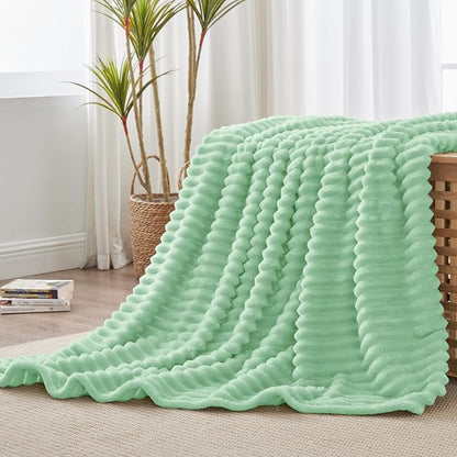 BEDELITE Twin Blanket for Couch & Bed, 300GSM Soft & Warm Fleece Blanket, Decorative and Giftable Striped Mint Green Blankets for Women, Men, 60"x80"