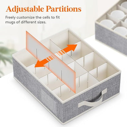 Lifewit 3 Pcs of Mug, Champagne and Wine Glass Storage Box with Dividers, Stackable Cationic Hard Shell Stemware Organizer with 36 Cells, Foldable Dustproof China Containers for Moving, Light Grey