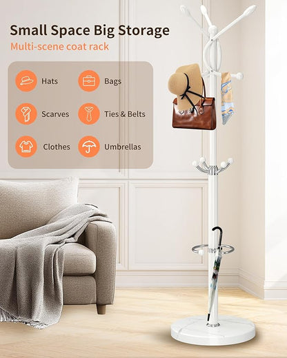 ZOZOE Metal Coat Rack Stand, Modern Coat Rack Freestanding with Natural Marble Base, Sturdy Coat Racks with 10 Hooks & Umbrella Holder,White Coat Tree Hanger Stand for Bags,Hats,Entryway,Office
