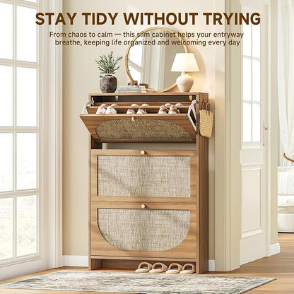 Nicetree Freestanding Ultra Slim Fluted Accent Shoe Storage Cabinet for Entryway - 3 Flip Drawers & 3-Tier Adjustable Shelves, Farmhouse Modern Rustic Shoe Rack for Hallway, Foyer