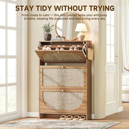 Nicetree Shoe Storage Cabinet for Entryway, Slim Arched Rattan Accent Shoe Cabinet with 3 Flip Drawers & 3-Tier Adjustable Shelves, Modern Boho Shoe Storage Cabinet, Narrow Shoe Rack for Small Spaces