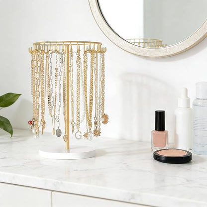 Mkono Necklace Holder Metal Jewelry Display Stand Necklace Organizer with 30 Hooks for Storage and Hanging Bracelet Keychain Home Room Decor for Women,Gold