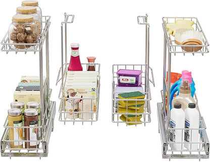 2 Tier Under Sink Organizer 11" W X18 D, Pull Out Cabinet Organizer One Removable Basket, Under Sink Slide Out Chrome Plated, Under Kitchen Bathroom Sink Organizer, 2 Pack