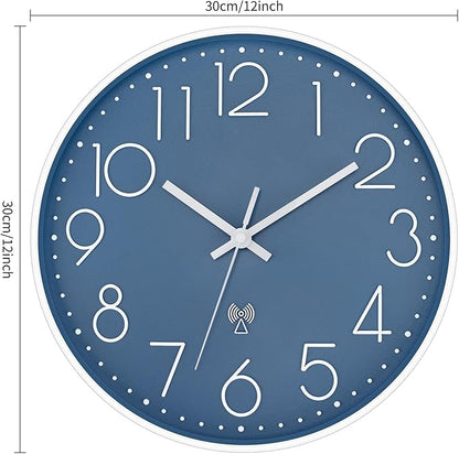 Foxtop Atomic Wall Clock Battery Operated Round Analog Modern Wall Clock Sets Automatically for Office Classroom Bedroom Kitchen Living Room (Cerulean)