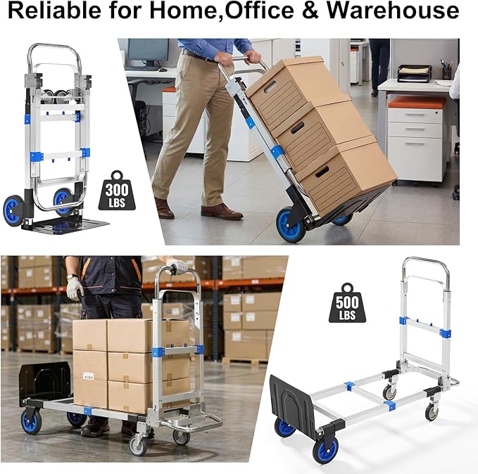 Folding Hand Truck Dolly, 500 lbs Heavy-Duty Convertible Cart, Aluminum Alloy Collapsible Design with Silent Rubber Wheels, Adjustable Handle, Flat Fold for Moving, Home, Office (Blue)