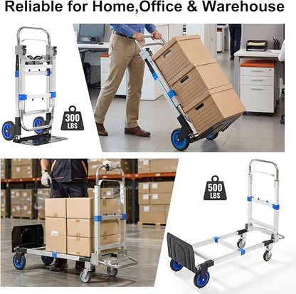 Folding Hand Truck Dolly, 500 lbs Heavy-Duty Convertible Cart, Aluminum Alloy Collapsible Design with Silent Rubber Wheels, Adjustable Handle, Flat Fold for Moving, Home, Office (Blue)