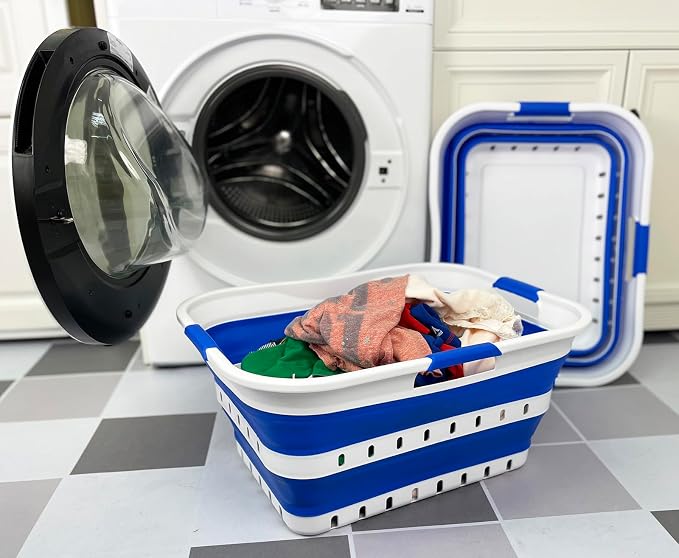 SAMMART 42L (11 gallons) Set of 2 Plastic Foldable Storage Basket/Container - Collapsible, Space Saving and Portable Laundry Hamper, Ideal for Home, Travel, Dorm (2, White/Dark Blue)