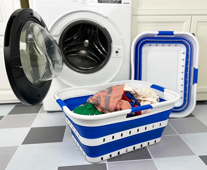 SAMMART 42L (11 gallons) Set of 2 Plastic Foldable Storage Basket/Container - Collapsible, Space Saving and Portable Laundry Hamper, Ideal for Home, Travel, Dorm (2, White/Dark Blue)