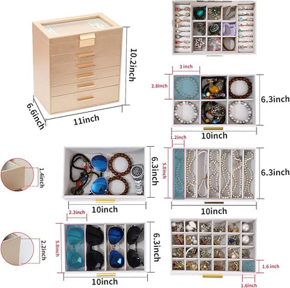 BOOVO Jewelry Boxes for Women, White and Black 6 Layer Large Jewelry Box for Necklace, Bracelet, Earrings, Rings Storage, Jewelry holder Organizer for Girls Gift (Gold, 6 layer)