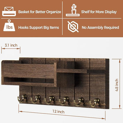 Key Holder Wall Mount - Decorative Key Rack and Mail Organizer with 6 Key Hooks - Wooden Key Hanger with Shelf for Living Room Decor - Rustic Farmhouse Home Entryway Aesthetic Essentials