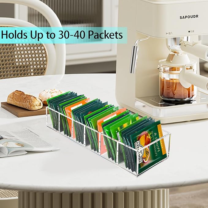 Tasybox Tea Bag Organizer, Acrylic Teabag Holder Clear Storage Box, 1 Pack | Tasybox Tea Bag Organizer Holder, Small Teabag Packet Storage Box for Drawer, Countertop, Pantry, Kitchen, Cabinet, Shelf