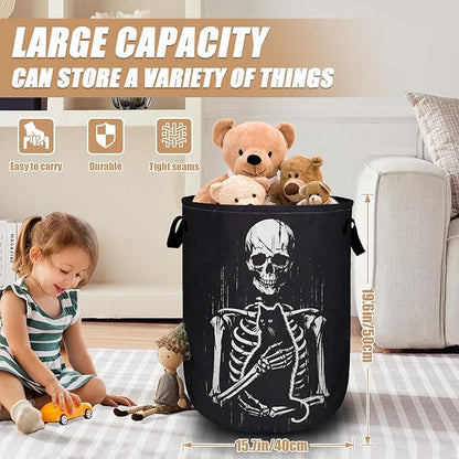 Funny Skull Black Cat Laundry Basket, Foldable Waterproof Laundry Hamper Tote Bag Dirty Clothes Storage Bucket Toy Organizer for Bathroom/Laundry/Bedroom 15.7"x19.6"