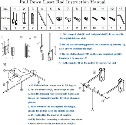 Pull Down Closet Rod - Adjustable 26-35 Inch Heavy Duty Hanging Rod with Soft-Close, Side & Back Mounted, 60 lbs Capacity for Closet & Wardrobe Organization