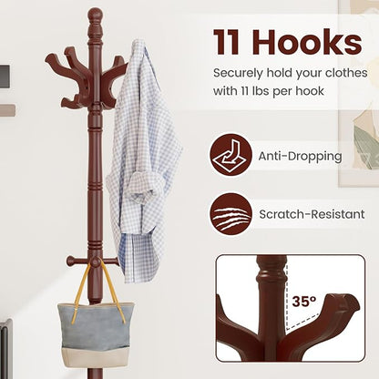 Giantex Solid Wood Coat Rack, Freestanding Hall Tree with 3 Adjustable Heights and 11 Hooks, Rubber Wood Frame, Entryway Hanger Stand, Wooden Garment Rack for Hallway, Living Room (Reddish Brown)