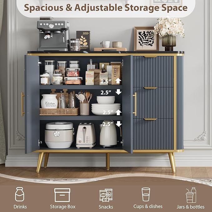 47.3" Modern Buffet Cabinet with Storage, Kitchen Sideboard Buffet with 2 Door & 3 Drawers, Fluted Caffee Bar Storage Cabinet for Dining Room, Living Room, Entryway, Navy Blue