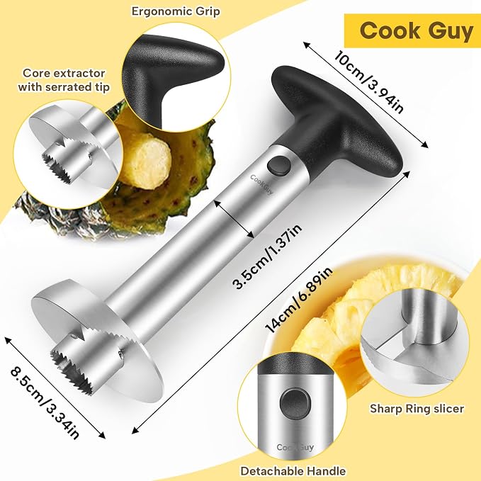 Cook Guy Pineapple Corer and Slicer Set - Includes Reinforced Stainless Steel Pineapple Cutter, Plastic Pineapple Divider - Easy Core Removal and Cutting Tool