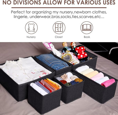Criusia 6 Pack Clothes Drawer Organizer Dividers, Fabric Foldable Closet Dresser Drawer Organizer for Clothing, Bra Sock Underwear Drawer Organizer for Nursery Bedroom Organization (6 Bins, Black)