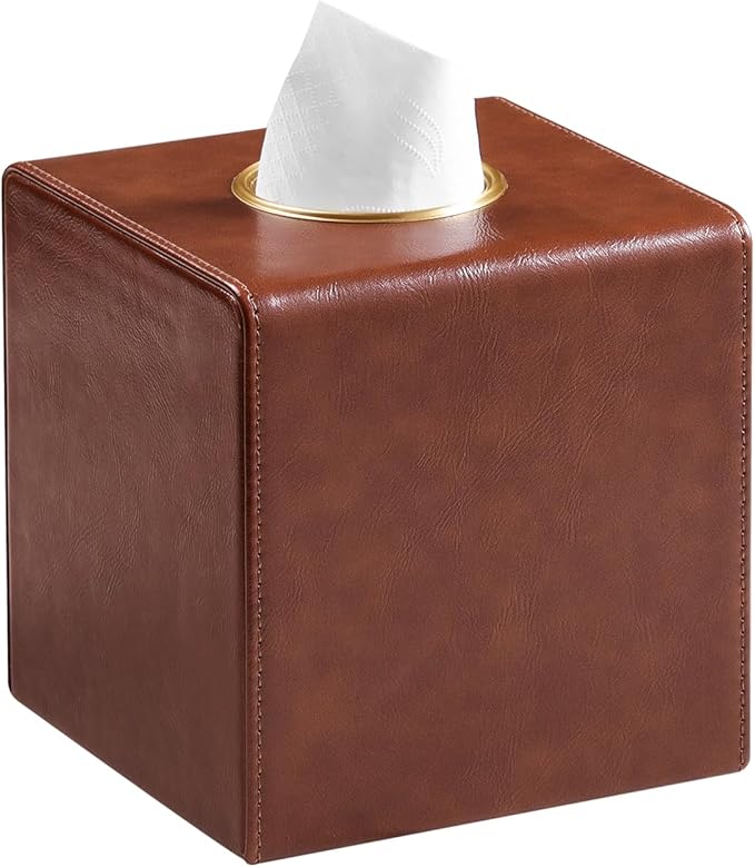 MEIBOOCH Square Tissue Box Cover, Luxury PU Leather Tissue Holder with Magnetic Closure (Brown)