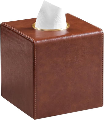 MEIBOOCH Square Tissue Box Cover, Luxury PU Leather Tissue Holder with Magnetic Closure (Brown)