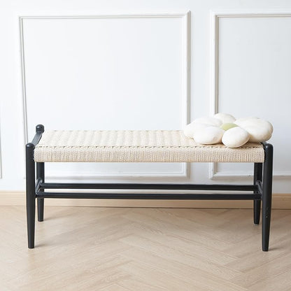 Solid Wood Entryway Bench with Shoe Storage, Rustic Oak Wood and Woven Design 39.4 Inch Long Seating for Living and Dining Rooms,Black