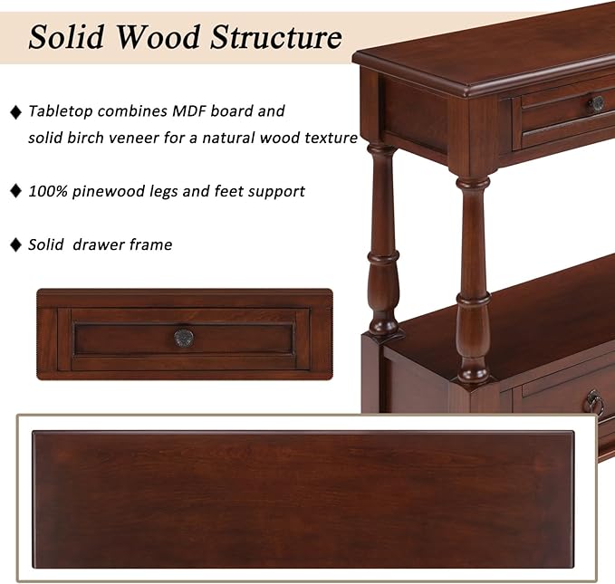 KEIKI 54”L Pine Solid Wood Entryway Console Table with 6 Storage Drawers, Vintage Behind Couch Sofa Table with 2 Tiers Open Shelf for Hallway, Entrance, Entry Way, Living Room, Foyer
