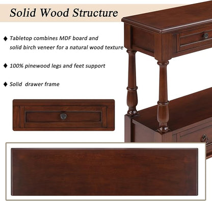 KEIKI 54”L Pine Solid Wood Entryway Console Table with 6 Storage Drawers, Vintage Behind Couch Sofa Table with 2 Tiers Open Shelf for Hallway, Entrance, Entry Way, Living Room, Foyer