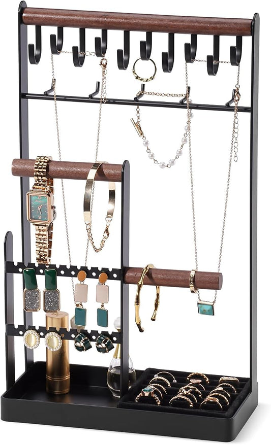 ProCase Jewelry Organizer Jewelry Stand Jewelry Holder Organizer, 5-Tier Necklace Organizer with Ring Tray, Large Aesthetic Jewelry Tower Storage Rack Tree for Bracelets Earrings Rings -Large, Black
