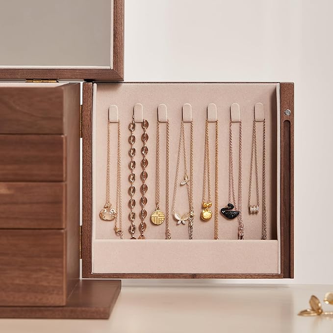 CHOSIN Black Walnut Wooden Jewelry Box, 4-Layer Lockable Wood Jewelry Organizer with Mirror, Side Doors & Brass Handle, Classical Design for Rings, Necklaces, Earrings, Watches, Christmas Gifts