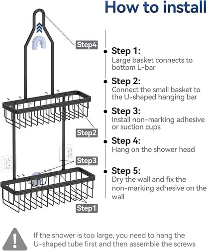 YASONIC Never Rust Shower Caddy Hanging, Aluminum Shower Racks for Inside Shower, 2-Tier Shower Organizer Hanging Over Shower Head with Hooks and Soap Holder, Black
