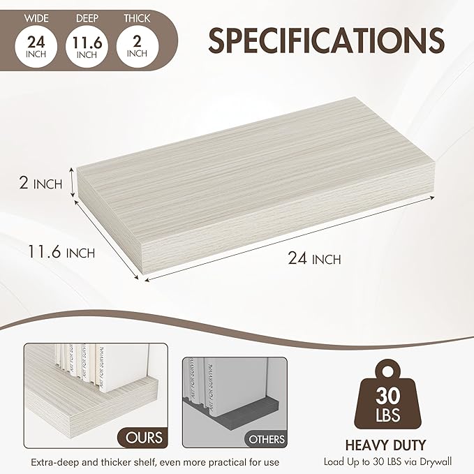 Acovy 24 Inch Floating Shelves, 12" Deep Floating Shelf Wall Mounted, 24" Wall Shelves, Rustic Deep Bookshelf, Extra Deeper & Thicker Display Shelves for Bedroom, Living Room, Gray, Set of 2