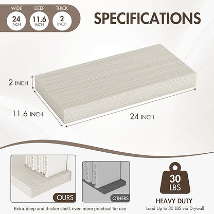 Acovy 24 Inch Floating Shelves, 12" Deep Floating Shelf Wall Mounted, 24" Wall Shelves, Rustic Deep Bookshelf, Extra Deeper & Thicker Display Shelves for Bedroom, Living Room, Gray, Set of 2