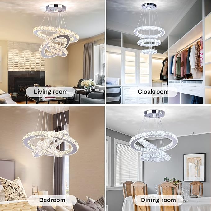 Modern Crystal Chandeliers LED Chandelier Fixtures 3 Rings Round DIY Pendant Lighting Stainless Steel Adjustable Chandelier Ceiling Light for Dining Room Bedroom Living Room (3 Colors)