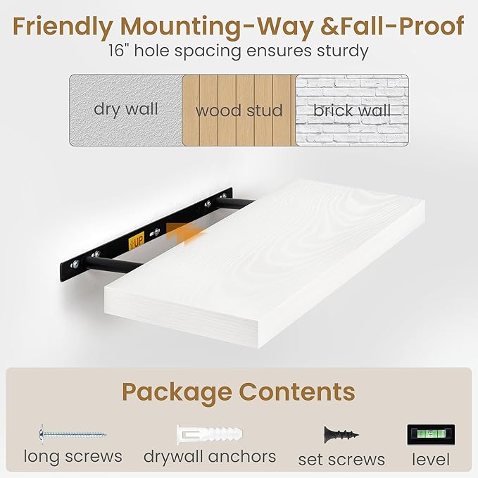 Fun Memories 48 Inch Floating Shelves in White, 9.3 Inch Deep Wall Shelves for Bathroom, Living Room, Bedroom, Kitchen, Deep Long Shelf Wall Mounted 2 Pack Shelf for Books, Decor