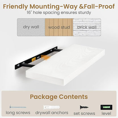 Fun Memories 48 Inch Floating Shelves in White, 9.3 Inch Deep Wall Shelves for Bathroom, Living Room, Bedroom, Kitchen, Deep Long Shelf Wall Mounted 2 Pack Shelf for Books, Decor