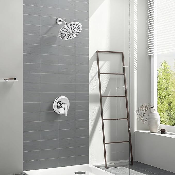 gotonovo Shower Faucet Set Bathroom Shower Head and Handle Set Complete 6 Settings 6 inch Rainfall Shower Head Kit High Pressure Shower System Combo Shower Trim Kit with Valve Polished Chrome