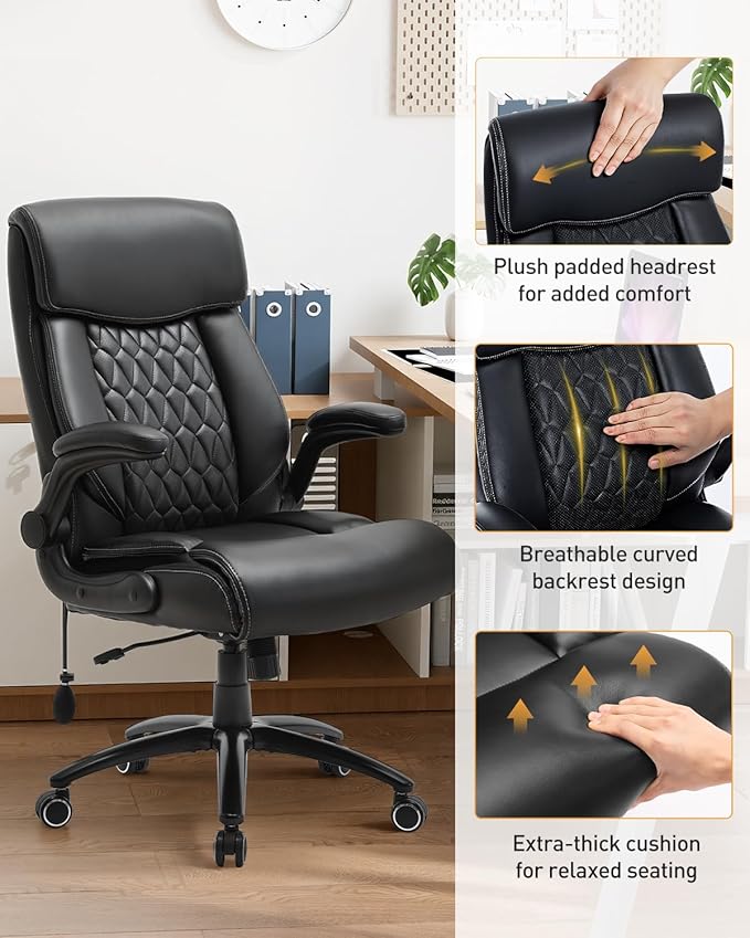 500LBS Big and Tall Office Chair, Heavy Duty Office Desk Chair with Padded Flip-Up Arms, Adjustable Lumbar Support & Tilt Lock, High Back Ergonomic Executive Computer Chair for Work & Study
