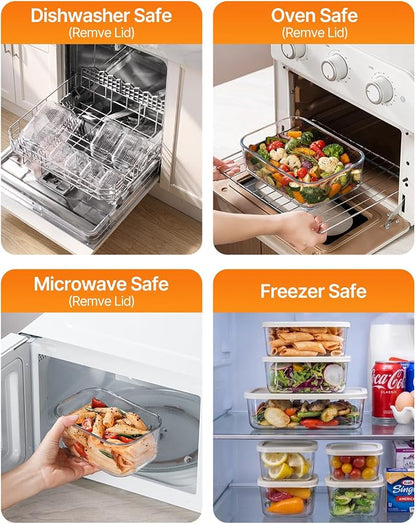 KEMETHY 7 Pack Glass Food Storage Containers with Lids,Stackable BPA Free Glass Meal Prep Containers,Glass Lunch Containers with Lids for Kitchen Storage and Organization- Baking, Microwave, Oven