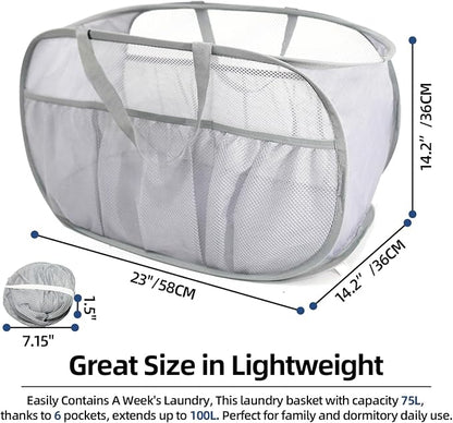 Collapsible Laundry Baskets, Upgrade Pop Up Laundry Hamper with Convenient Bags, Foldable Laundry Basket Mesh Light Weight, Easy to Carry Clothes Hampers for Laundry, Dorm, Toys, Travel Grey